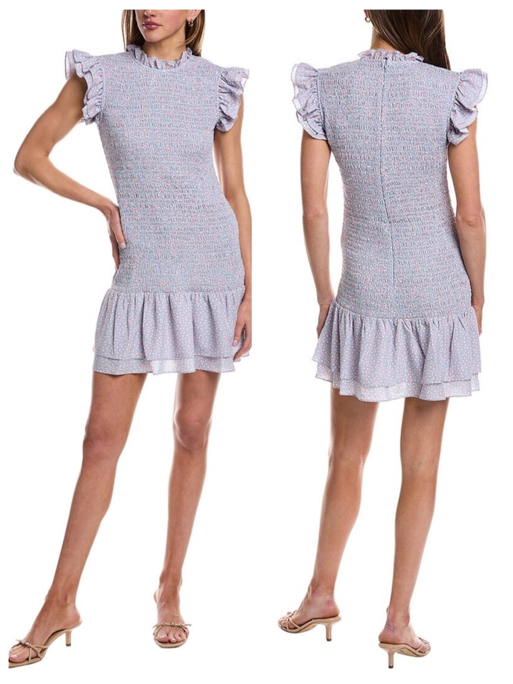 French Connection Lavender Polka Dot Smocked Mini Dress